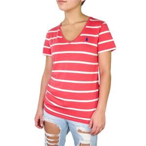 Vintage Ralph Lauren Red & White Striped V-Neck Short Sleeve T-Shirt Top Small